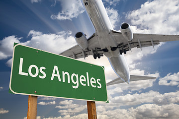 Image showing Los Angeles Green Road Sign and Airplane Above