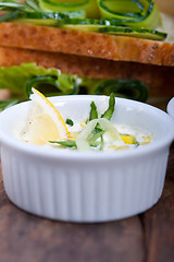 Image showing fresh vegetarian sandwich with garlic cheese dip salad