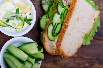 Image showing fresh vegetarian sandwich with garlic cheese dip salad