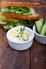 Image showing fresh vegetarian sandwich with garlic cheese dip salad