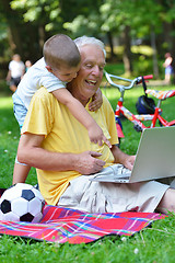 Image showing grandfather and child using laptop