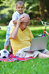 Image showing grandfather and child using laptop