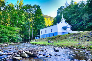 Image showing church in the mountains by the river