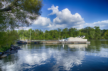 Image showing boats at dock on a lake with blue sky