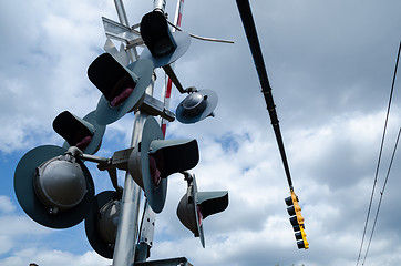 Image showing Railroad crossing sign against blue sky background