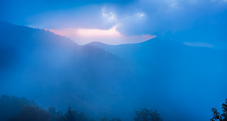 Image showing The Blue Ridge in fog, seen from Craggy Pinnacle, near the Blue 