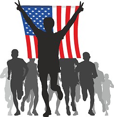 Image showing Winner with the American flag at the finish