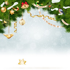 Image showing Christmas background with fir and gold balls.
