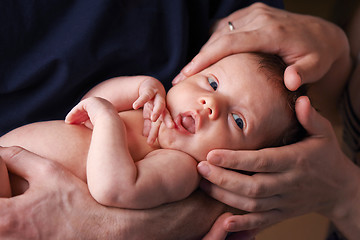Image showing Newborn baby in hands of parents