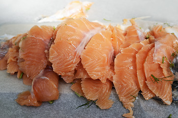 Image showing sliced salted salmon fillet on paper