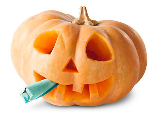 Image showing Pumpkin Halloween Jack O_Lantern With Fake Cigarette