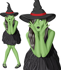 Image showing Vector green witch woman with hat on Halloween