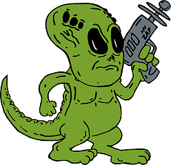 Image showing Alien Dinosaur Holding Ray Gun Cartoon