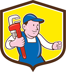 Image showing Plumber Holding Monkey Wrench Shield Cartoon