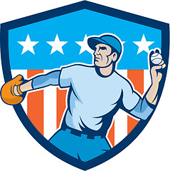 Image showing Baseball Pitcher Throwing Ball Shield Cartoon