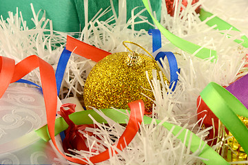 Image showing Christmas background with red and blue ribbon and new year balls