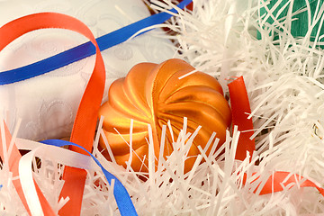 Image showing Christmas gift with orange balls, xmas invitation card