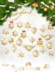 Image showing Christmas balls hanging on fir tree. EPS 10