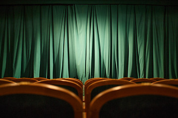 Image showing Theater stage green curtains