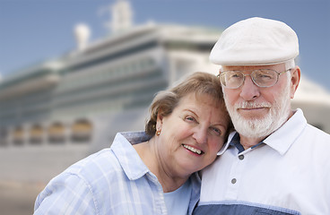 Image showing Senior Couple On Shore in Front of Cruise Ship