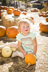 Image showing Adorable Baby Girl Holding a Pumpkin at the Pumpkin Patch