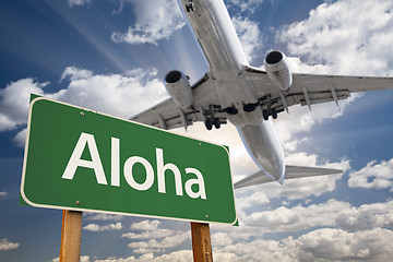 Image showing Aloha Green Road Sign and Airplane Above