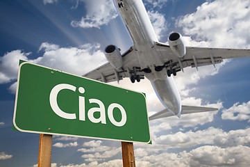 Image showing Ciao Green Road Sign and Airplane Above