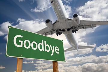 Image showing Goodbye Green Road Sign and Airplane Above