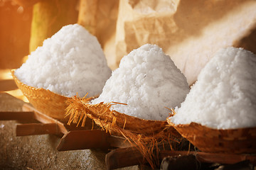 Image showing Salt in baskets. Ancient traditional salt production on the Bali