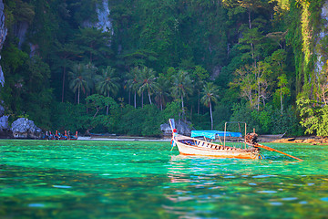 Image showing Tropical landscape, traditional long tail boat, Thailand Phi-Phi