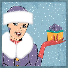 Image showing elegant young and happy woman in winter, retro Christmas card