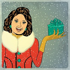 Image showing elegant young and happy woman in winter, retro Christmas card