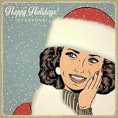 Image showing elegant young and happy woman in winter, retro Christmas card