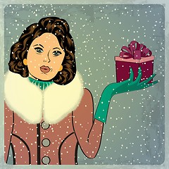 Image showing elegant young and happy woman in winter, retro Christmas card