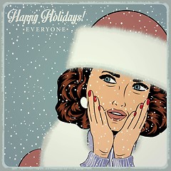 Image showing elegant young and happy woman in winter, retro Christmas card