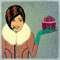 Image showing elegant young and happy woman in winter, retro Christmas card