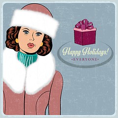 Image showing elegant young and happy woman in winter, retro Christmas card