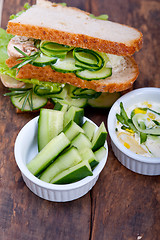 Image showing fresh vegetarian sandwich with garlic cheese dip salad