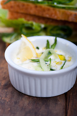 Image showing fresh vegetarian sandwich with garlic cheese dip salad