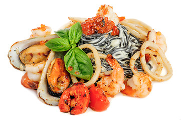 Image showing Black Pasta with sea food and basil