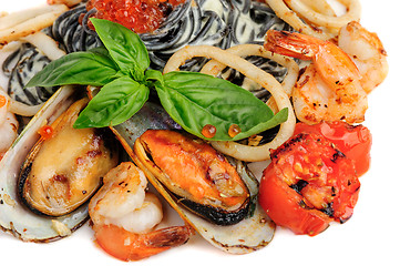 Image showing Black Pasta with sea food and basil