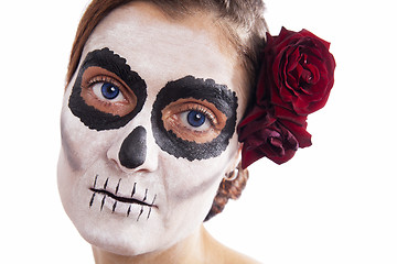 Image showing Woman with makeup of la Santa Muerte with red rose