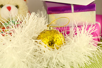 Image showing Christmas red gift with yellow balls, new year card