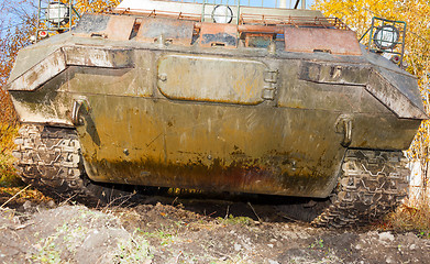 Image showing The tracked vehicle for transportation of soldiers. front view 