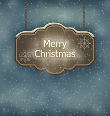 Image showing Merry Christmas wooden board, night holiday background