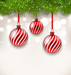 Image showing New Year background with glass hanging balls and fir twigs