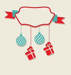 Image showing Christmas celebration card with hanging balls and gifts