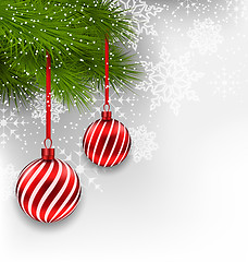 Image showing Christmas background with hanging glass balls and fir branches