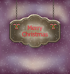 Image showing Night background with hanging Merry Christmas wooden board