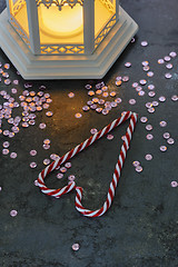 Image showing Christmas decorations - lantern and candy canes